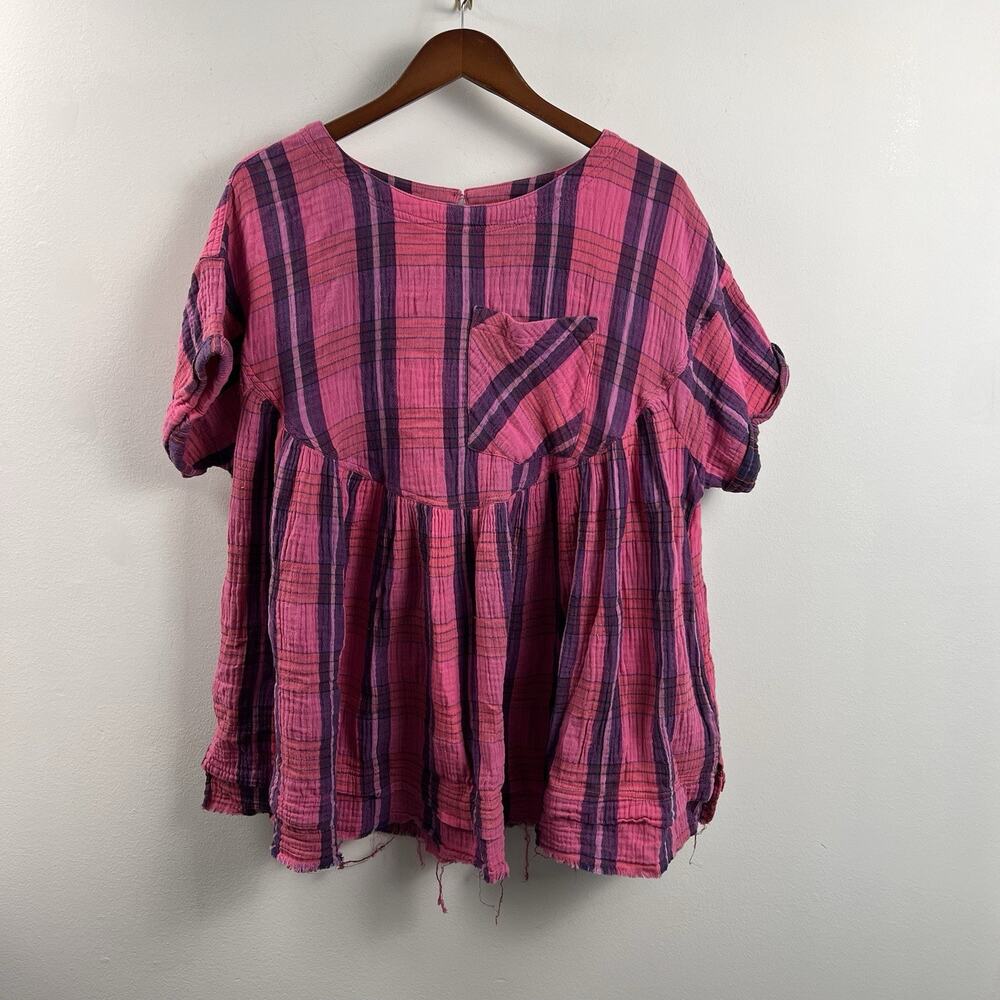 We the Free Moon City Short Sleeve Womans S Oversized Pink Plaid Milkmaid Tunic